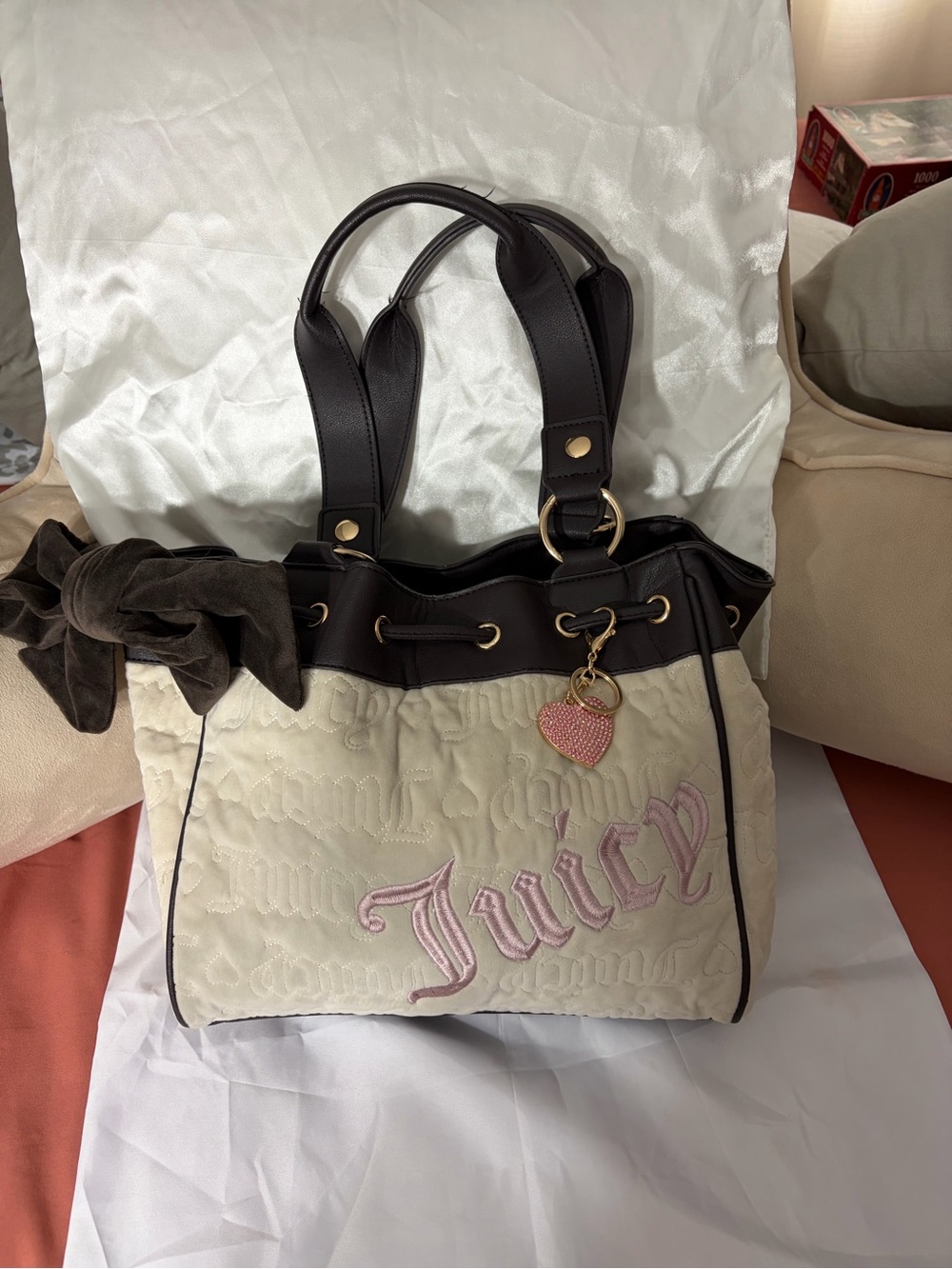 Juicy Couture Vintage Dreams Velour Bag Quilted Tote in Angel Cream w/Pink Logo